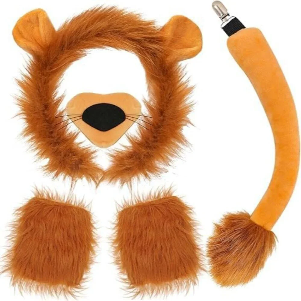 Lion Costume Set for Adults Including Ear Headband Tail & Paw Gloves